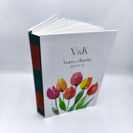 PAPETRI monogrammos elnevezhető fotóalbum rajzkönyv esküvői emlékkönyv - kézzel kötve - tulipán mintával