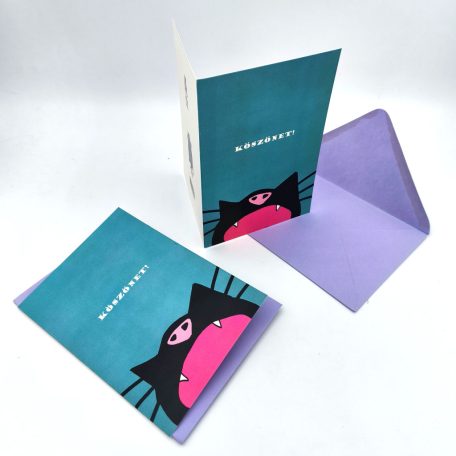 Papetri borítékos képeslap - köszönet - ásító cica