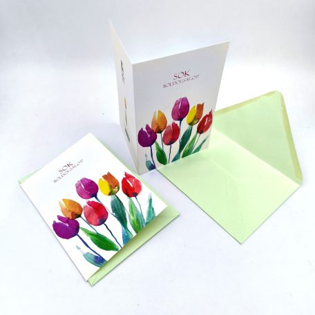 Papetri borítékos képeslap - sok boldogságot tulipánnal
